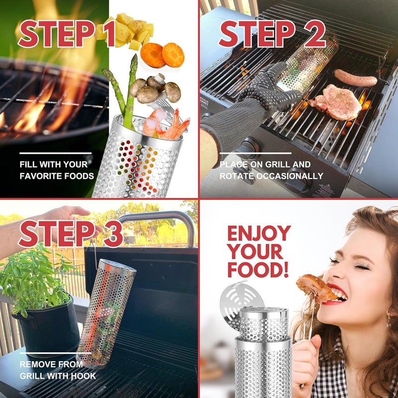 BigStep Large Heavy Duty Rolling Grill Basket for Outdoor Grill | 2 Pcs with Secure Snap-Fit Lock | Grilling Gifts for Men | Grilling Accessories BBQ Accessories | Grilling Basket | Rolling Basket - Image 3